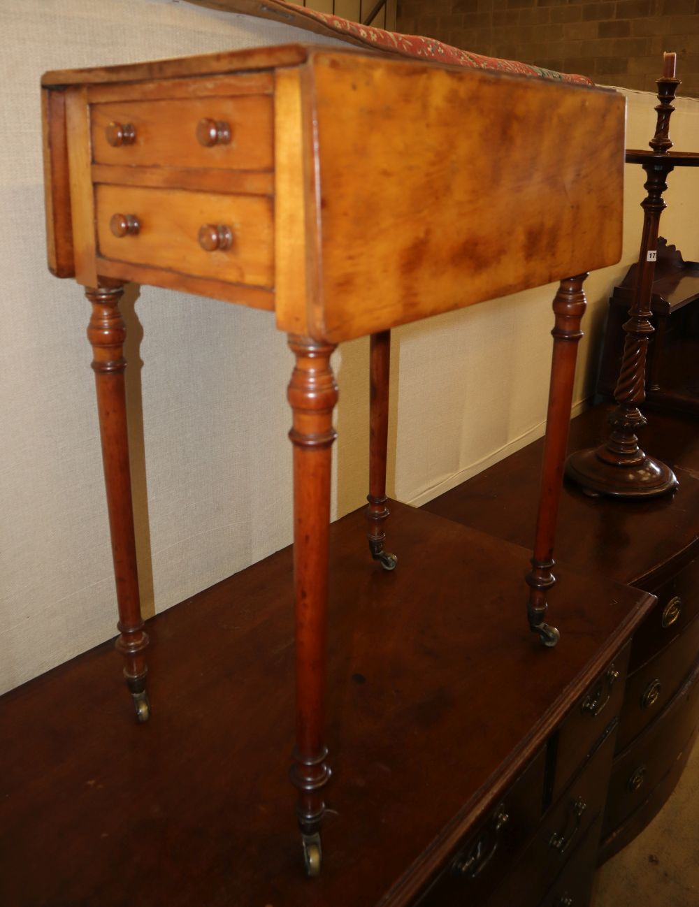 A George III satinwood drop leaf work table, W.53cm, D.36cm, H.73cm